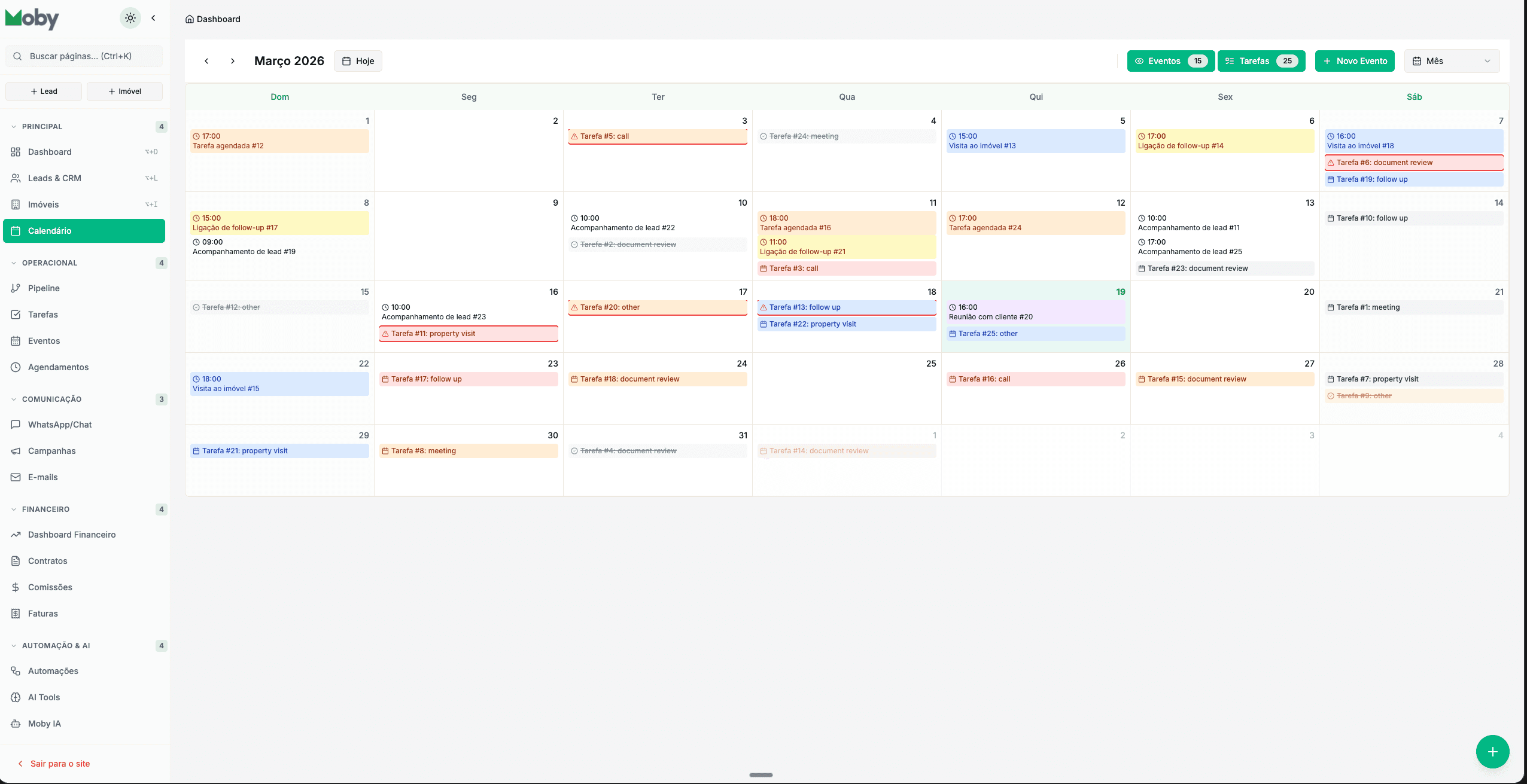 Calendário Moby — eventos agendados automaticamente pela IA