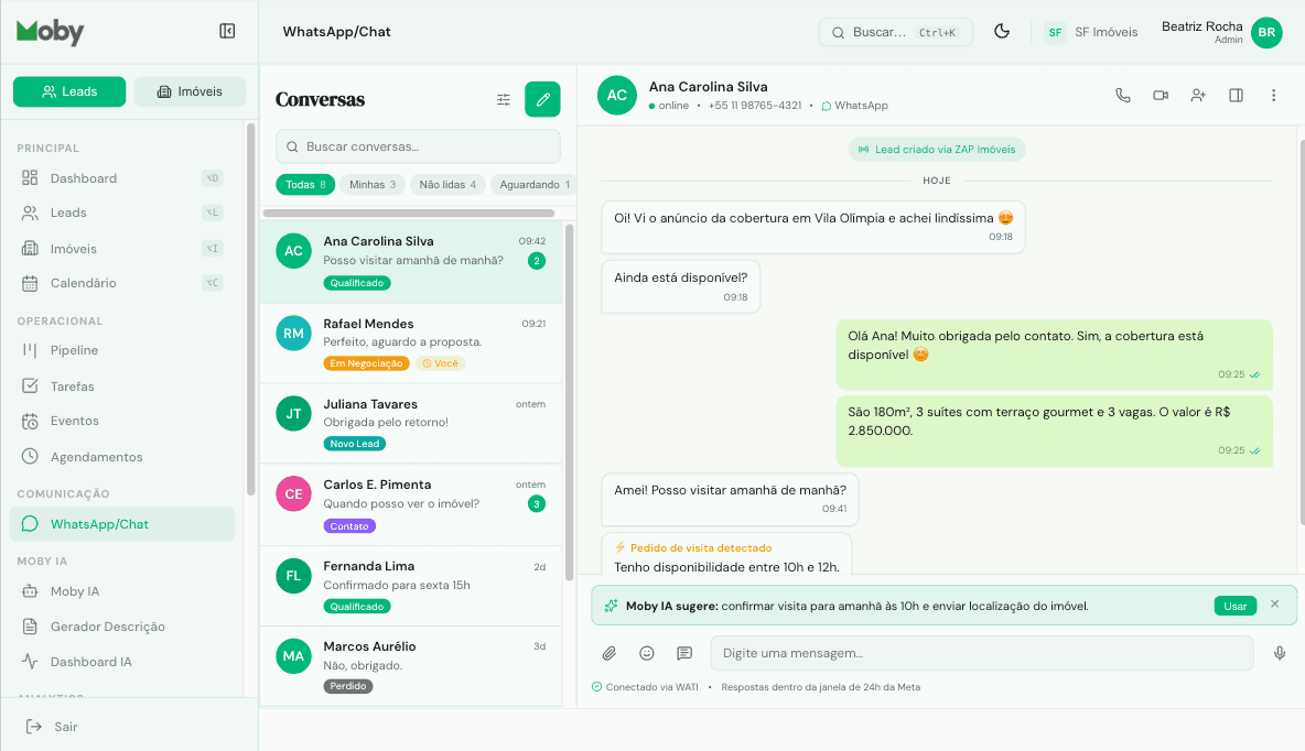 Moby — WhatsApp/Chat com Moby IA qualificando leads em tempo real